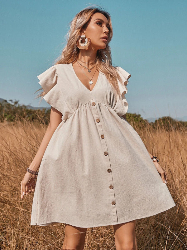 Woven V-neck Button-up A-shaped dress