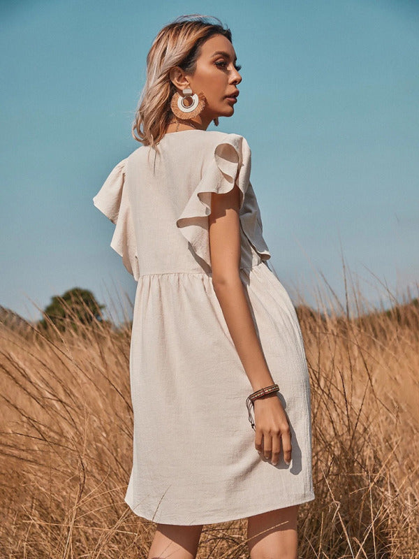Woven V-neck Button-up A-shaped dress