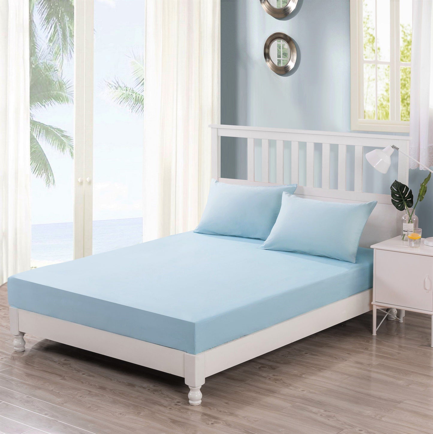 DaDa Bedding Soothing Blue Cotton Fitted Bed Sheet W/Pillow Cases (JHW604)