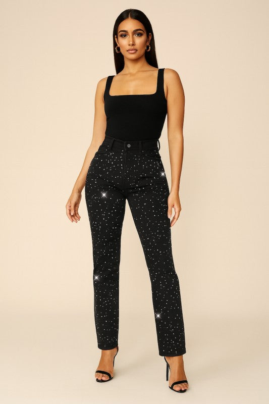 High Waisted Black Mom Jean with Rhinestones