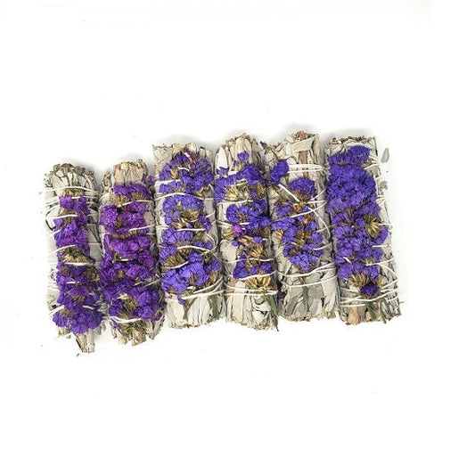 Smudging Herbs - PURPLE Sinuata Flowers With White Sage 4" - 1 Bundle