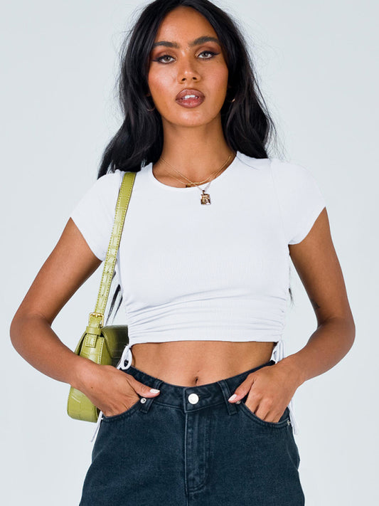 Short Drawstring Tie Round Neck T-shirt
