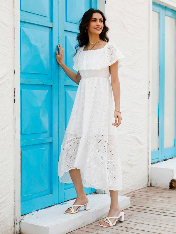 Solid Color Lace Off Shoulder Long Dress