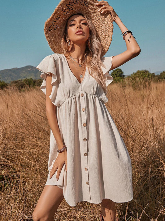 Woven V-neck Button-up A-shaped dress
